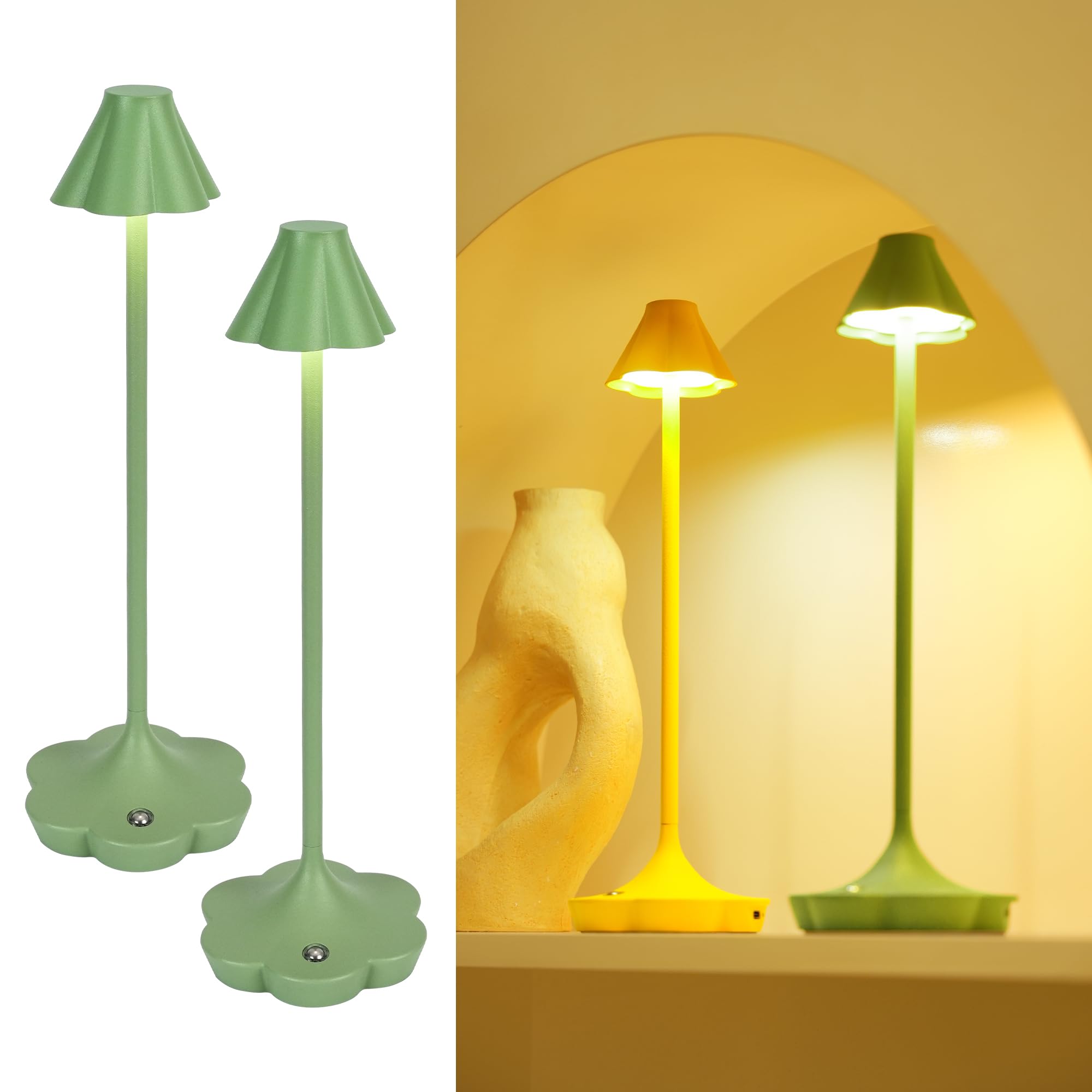 Set di 2 Lampade da Comodino Touch Control, Lampade da Tavolo Ricaricabili Senza Fili, IP54, Design a Fiore, 3 Temperature Colore, Dimmerabili, Atmosfera Accogliente – Verde