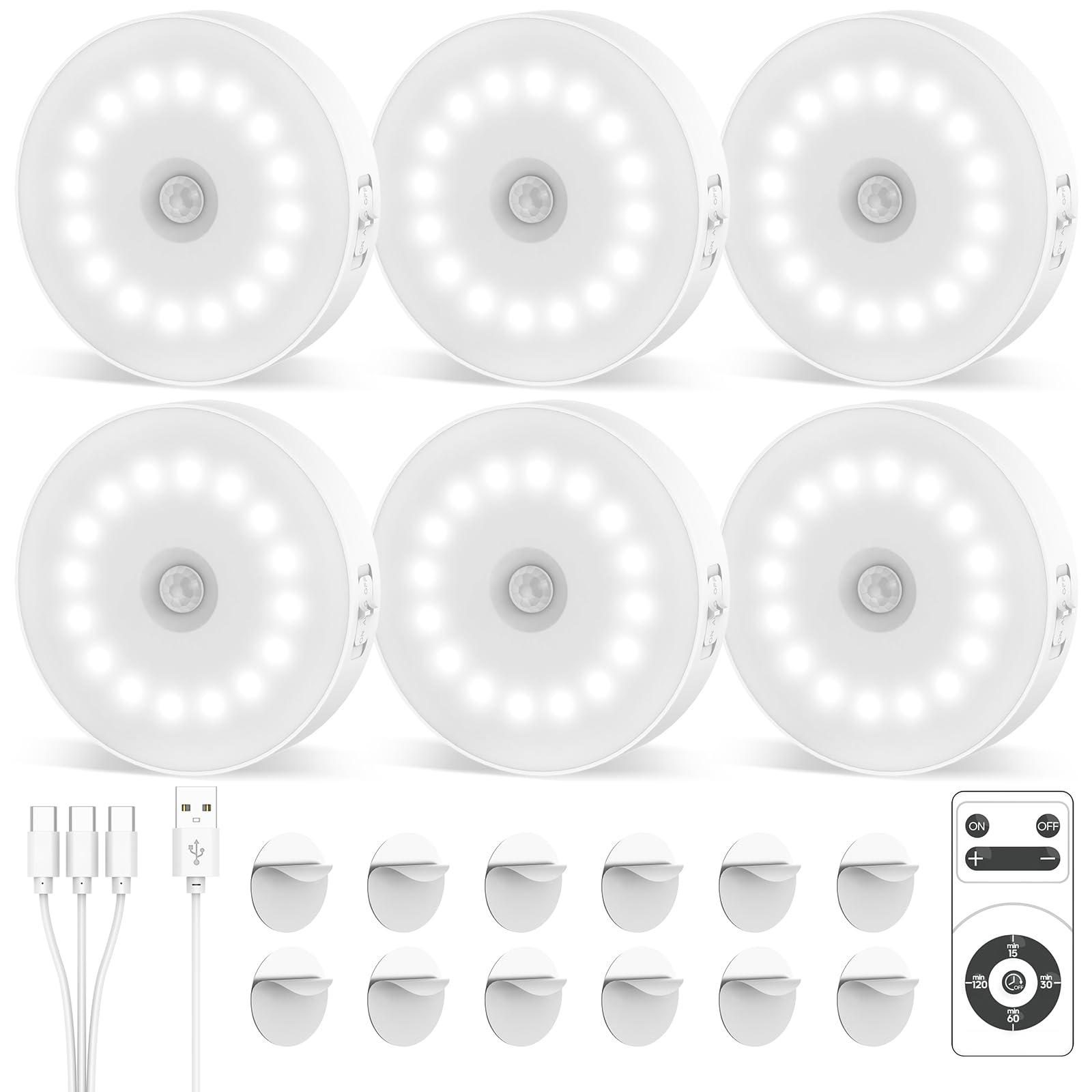 JVURICE Schranklicht mit Bewegungsmelder, 16 LEDs Schrankbeleuchtung mit Fernbedienung-10h Dauerlicht, 4 Timer-Stufen, Dual-Sensor (Licht/Bewegung) für Küche, Flur, Treppe (Kühle Farben)