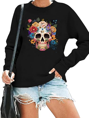 HAJIEXY Day Of The Dead Sweatshirts for Women Sugar Skull