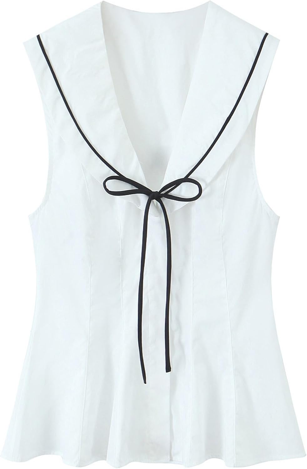 Women's Sailor Collar Sleeveless Peplum Blouse Hidden Button V Neck Tie Front Shirts Poplin Tops