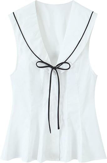 Womens Sailor Collar Sleeveless Peplum Blouse Hidden Button V Neck Tie Front Shirts Poplin Tops