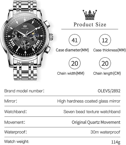 Miniatura 6 de OLEVS Reloj de lujo para hombre, resistente al agua, luminoso, fácil de leer, cronógrafo, dorado, blanco, diario, negro, con calendario, reloj de