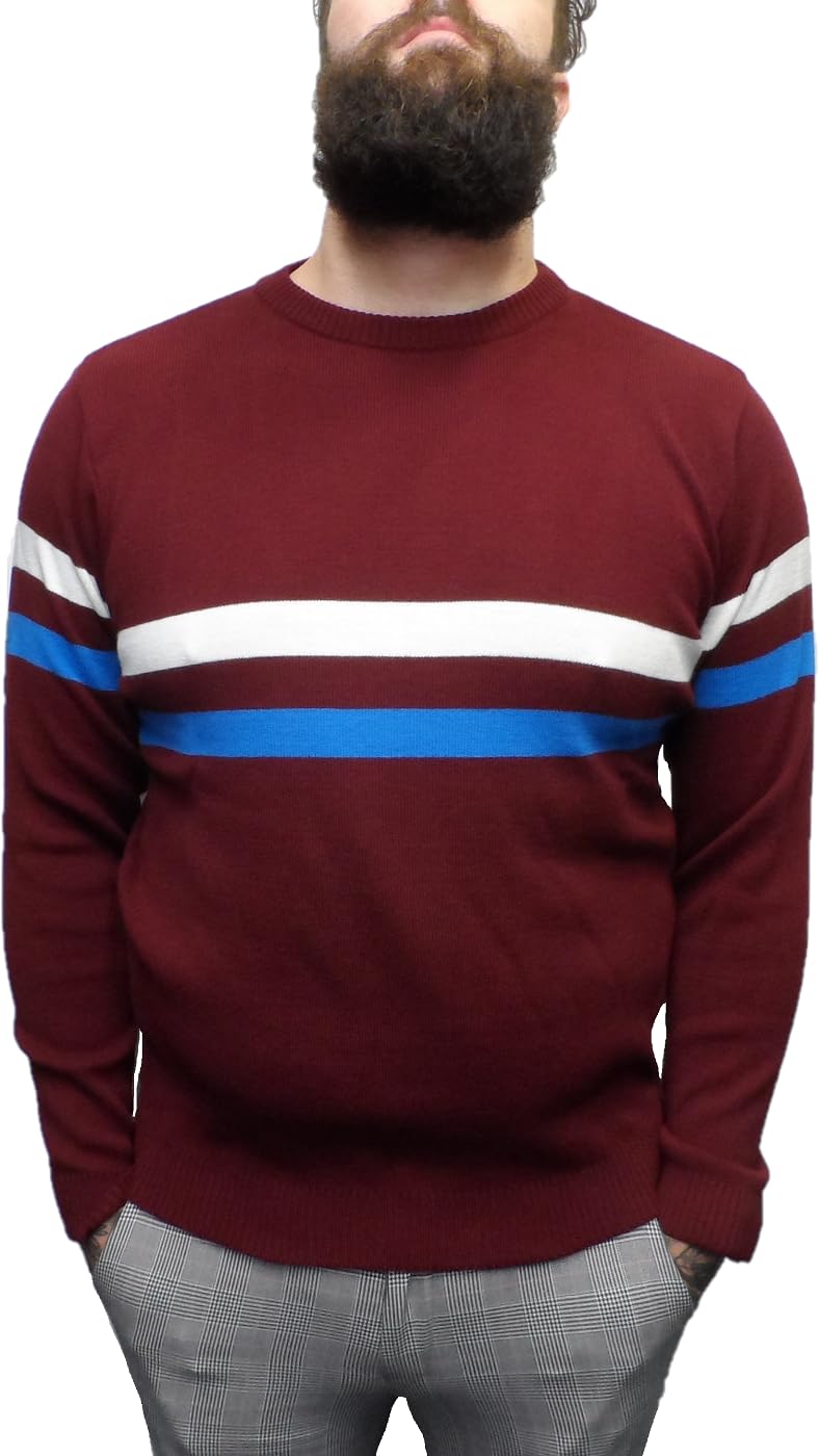 Mazeys Mens Horizontal Stripe Knitted Jumper (UK, Alpha, XL, Regular, Regular, Port Red)