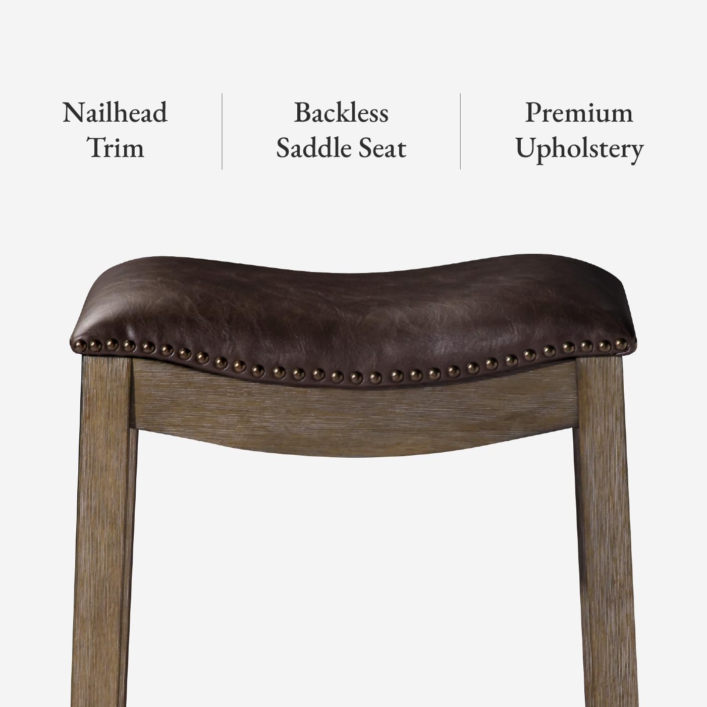 Maven Lane Adrien Backless Counter Stool – Set of 2 – 26 Inches – Saddle Stool with Footrest – Brown Solid Wood Frame & Dark Brown Faux Leather Upholstery – Perfect for Kitchen Islands & Counters