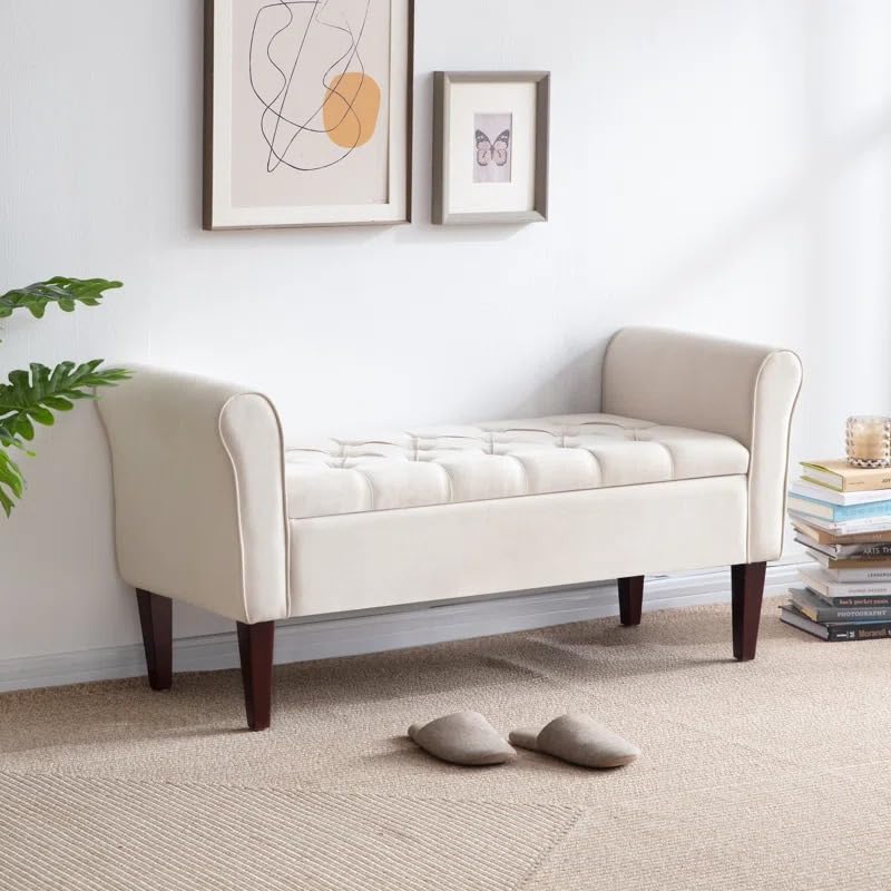 Image of LEGACY OF COMFORT V4 Velvet Upholstered Storage Bench Sofa Bench Sofa couches Rolled Arm Window Bench Ottoman Bench 2 Seater Sofa Lounger Pouffe for Living Room Bedroom Office (Beige)