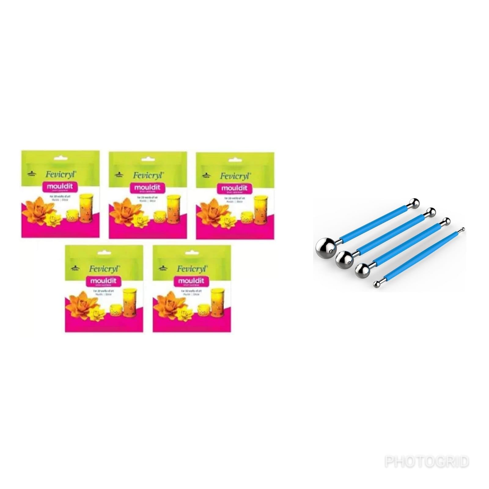 E - BuddiesFevicryl Mouldit/Shilpkar Clay (5 Packets of 50 gm Each) +Ball Tools/Clay Modelling Tools (Set of 4 Double Ended Tools) for DIY Art and Craft