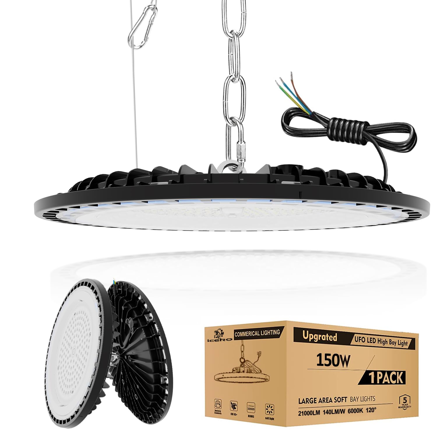 ICEKO KN 150W Industrial UFO LED High Bay Light, LED Garage Lighting Ceiling LED,Workshop Lighting,21000LM/6000K/WaterProof,Powerful Lights Fixture for Shops,Garage,Barn,Warehouse,Basement,Loft,Gym [Energy Class D]