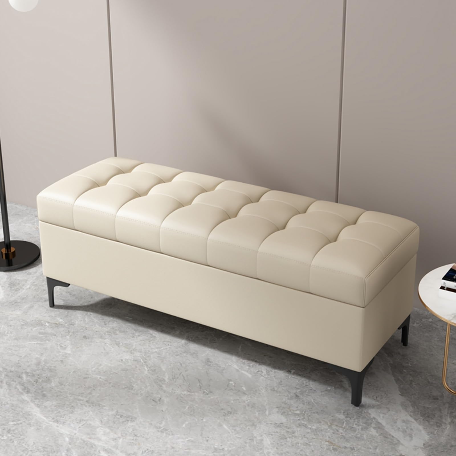 Pouf rettangolare in pelle con contenitore e serrature, poggiapiedi con contenitore, panca portaoggetti per giocattoli, per soggiorno,estremità del letto, ingresso(Beige,100cm/39.4in)