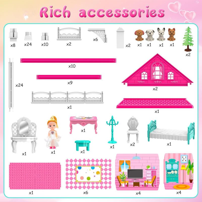 Image of Princess Doll House Building DIY Accessories, Furniture Pretend Play Gift Toys for 3 to 10 Year Old Girls Gify, Doll House Set for Girls, Doll House with 2-Story 4 Rooms, Kitchen & Furniture Set