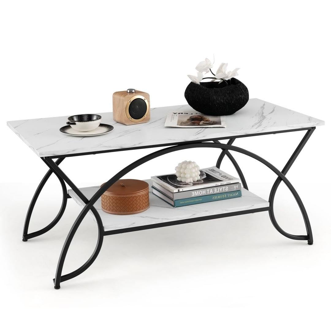 Multigot 2-Tier Coffee Table, Rectangular Accent Center Table with Storage Shelf & Adjustable Foot Pads, Faux Marble Cocktail Snack Tea Table for Living Room Bedroom Office (Marble White+Black)
