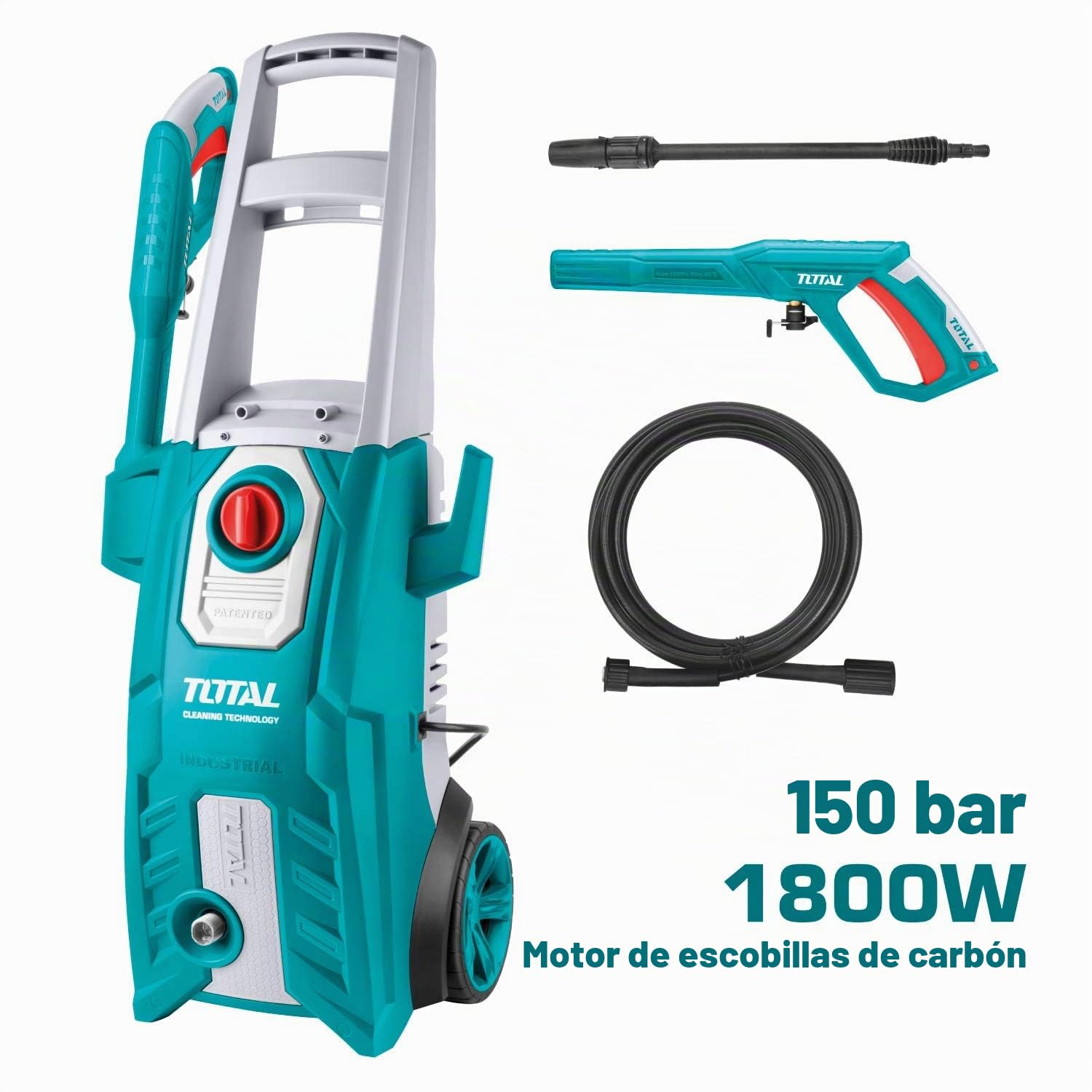 Total - Hidrolimpiadora de Agua a Presión con Cable - Potencia: 1800 W - Presión máxima 150 Bar - Manguera de 5 Metros, Pistola Rociadora y Botella de Detergente - para Hogar, Jardín y Coche