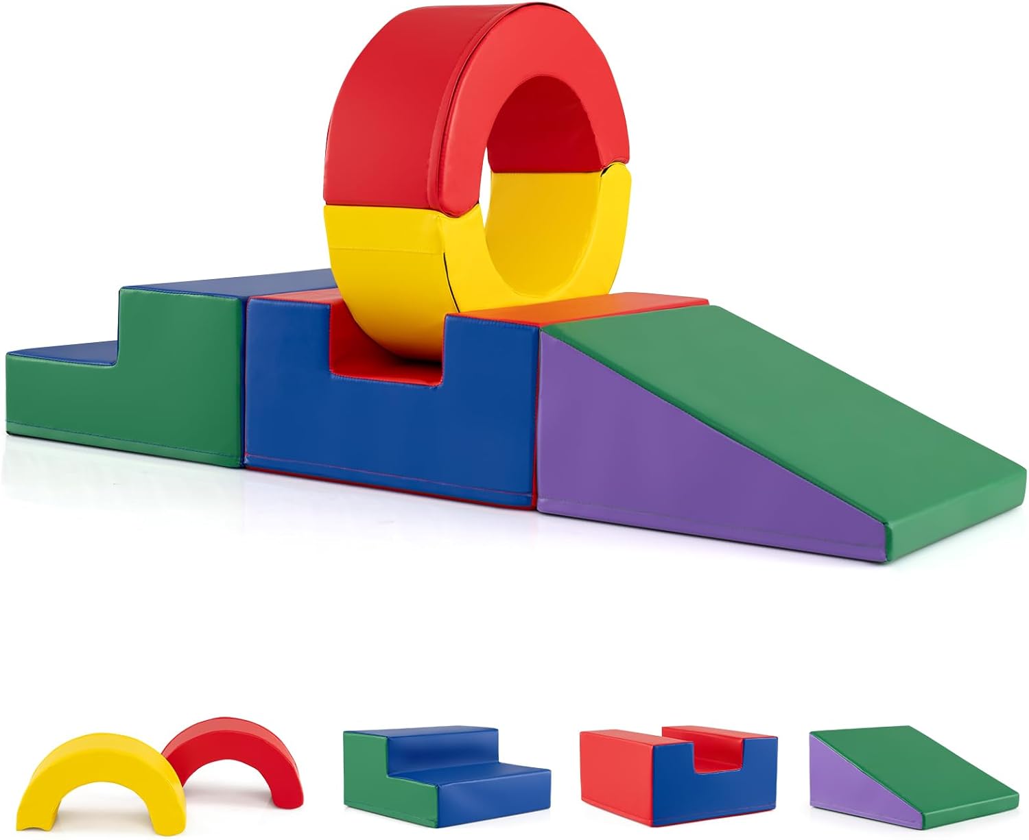 Costzon 5 Pieces Toddler Climbing Toys, Soft Play Climb & Crawl Playset for 12 Month+ Kids, Modular Indoor Gym with PU Leather Cover, Tunnel, Slide for Playroom, Nursery, Daycare (5, Rainbow)