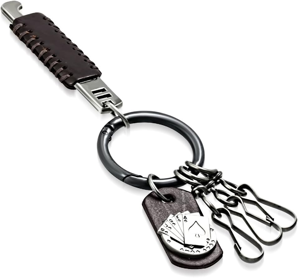 2 Color Ace of Spade Playing Card Suit Bottle Opener Multi-Purpose Removable Ring Valet Brown Leather Key Chain