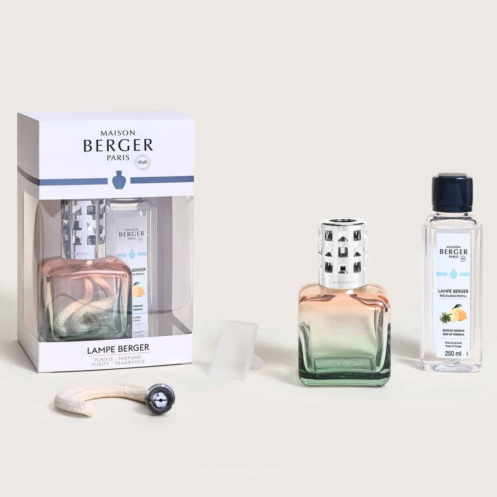 Maison Berger Geschenkset Eiswürfel – Raumduft-Diffuser 250 ml – entfernt Gerüche, reinigt die Luft, dekoratives Objekt für Zuhause oder Büro (Grüner Pfirsich – Eisenkrautschale)