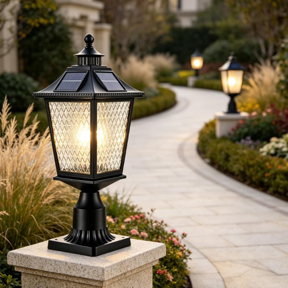 Zewnętrzna czarna lampa filarowa wodoodporna solarna lampa