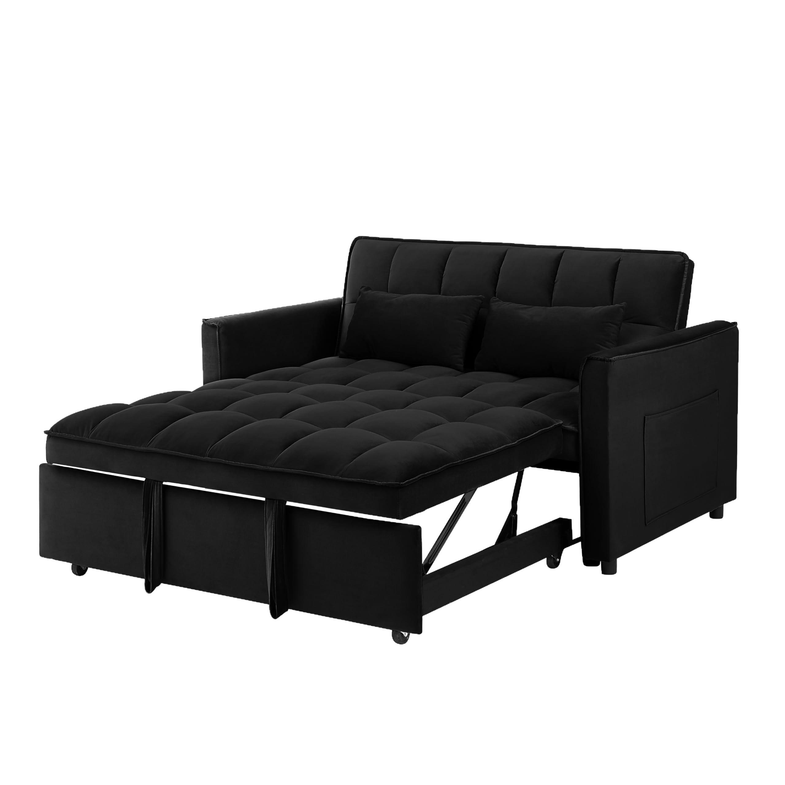 3 in 1 Convertible Sleeper Sofa Bed, 54'' Full Size Velvet Pull Out Futon Couch Recliner with Reclining Backrest & 2 Pillows, Small Loveseat Lounge Couches for Small Spaces (Black)