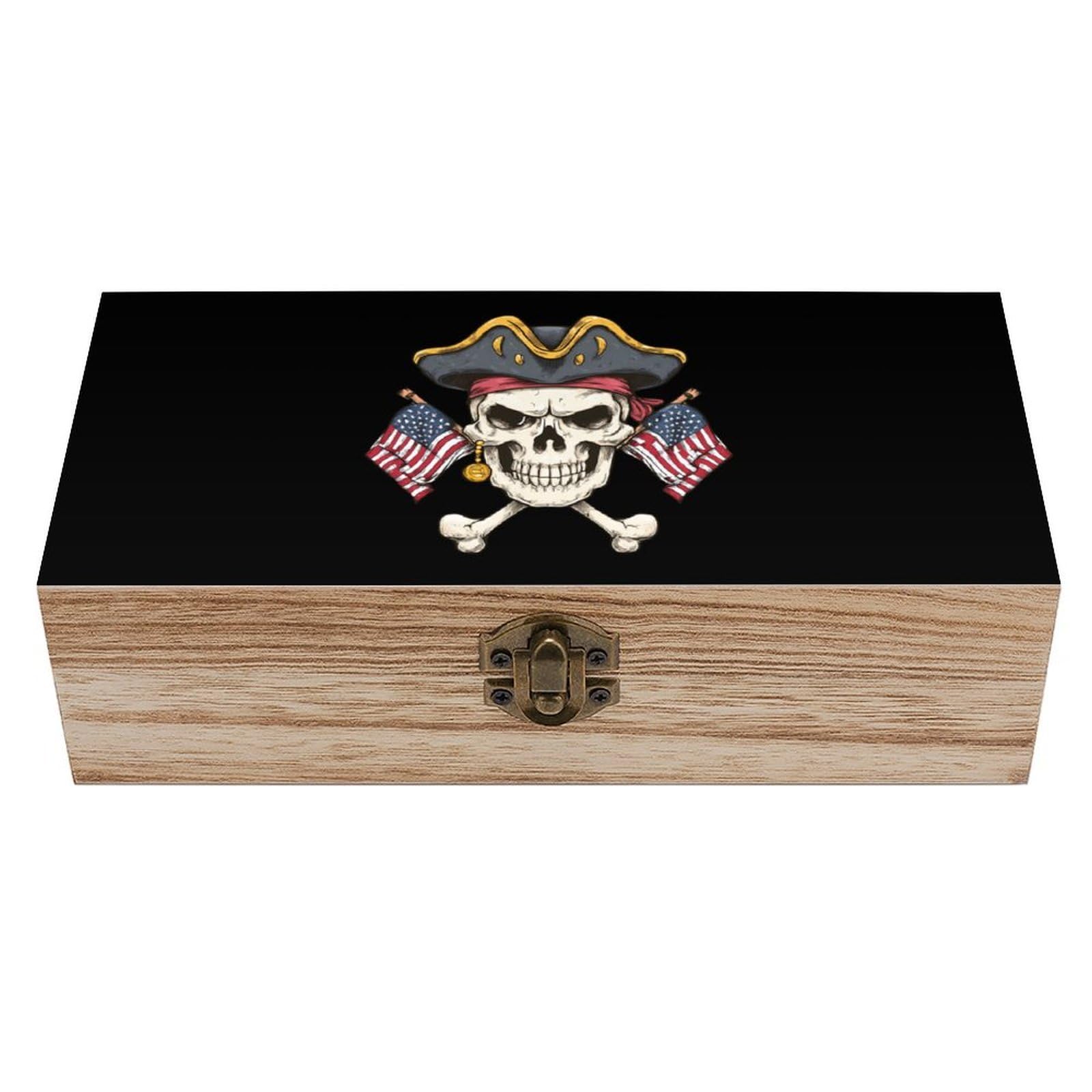 USA Skull Wooden Box with Hinged Lid Decorative Storage Case Container