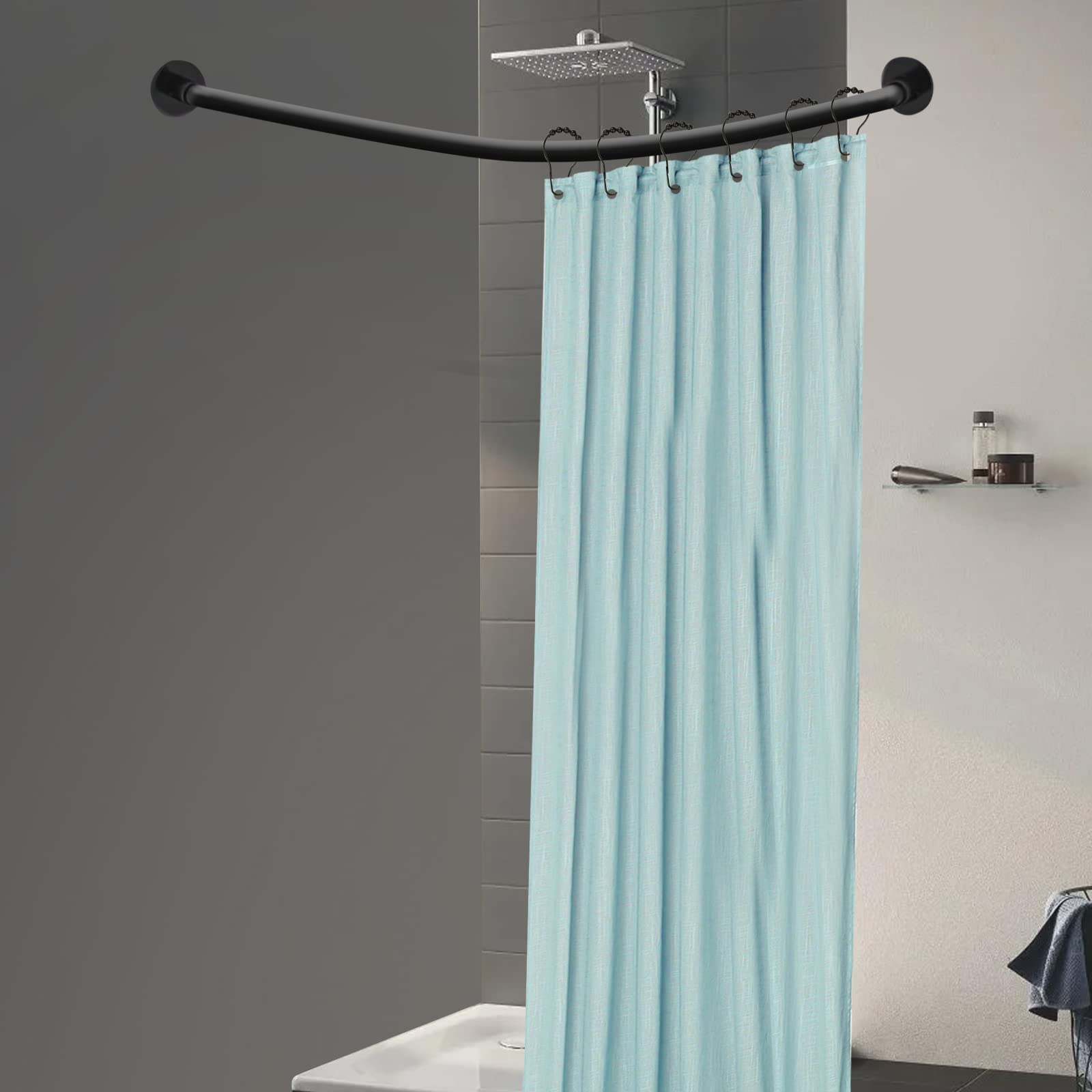 Tringle à rideau de douche en forme de L en acier inoxydable noir extensible pour rideau de douche d'angle pour salle de bain et baignoire, sans perçage