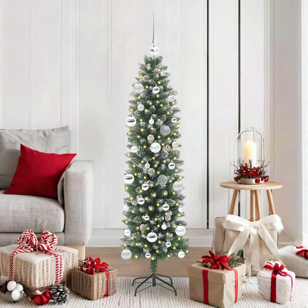 Albero di Natale artificiale sottile verde e bianco 150 cm con 150 LED bianco caldo, 8 modalità, punte in PVC, alimentate USB, per interni ed esterni protetti, decorazione festiva