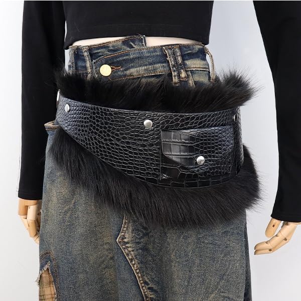 Y2K Faux Fur Leather Wide Belt Women Punk Gothic Waistband Fuzzy Waist Cincher Fashion Waist Accessory Festival Outfit Belt2