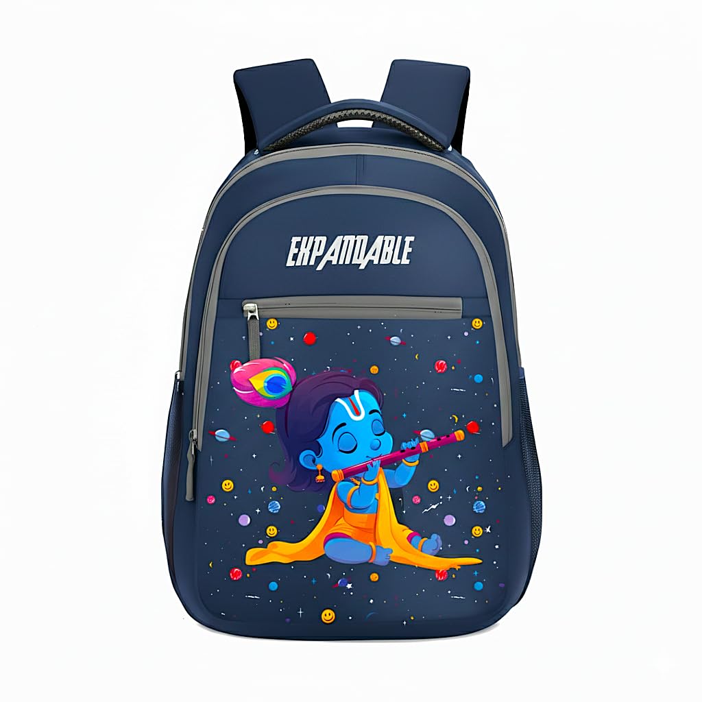 Kids School Bag - Cute Little Krishna Print Backpack for Boys and Girls, Navy Blue Ergonomic Student Bookbag with Flute & Peacock Feather Design, Multi-Compartment Durable Travel Daypack-image-42