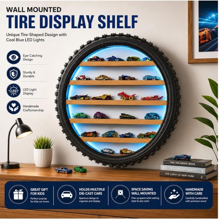 Image of Wooden Wall Shelf Display Rack for 1:64 Scale Die-Cast Cars, Blue