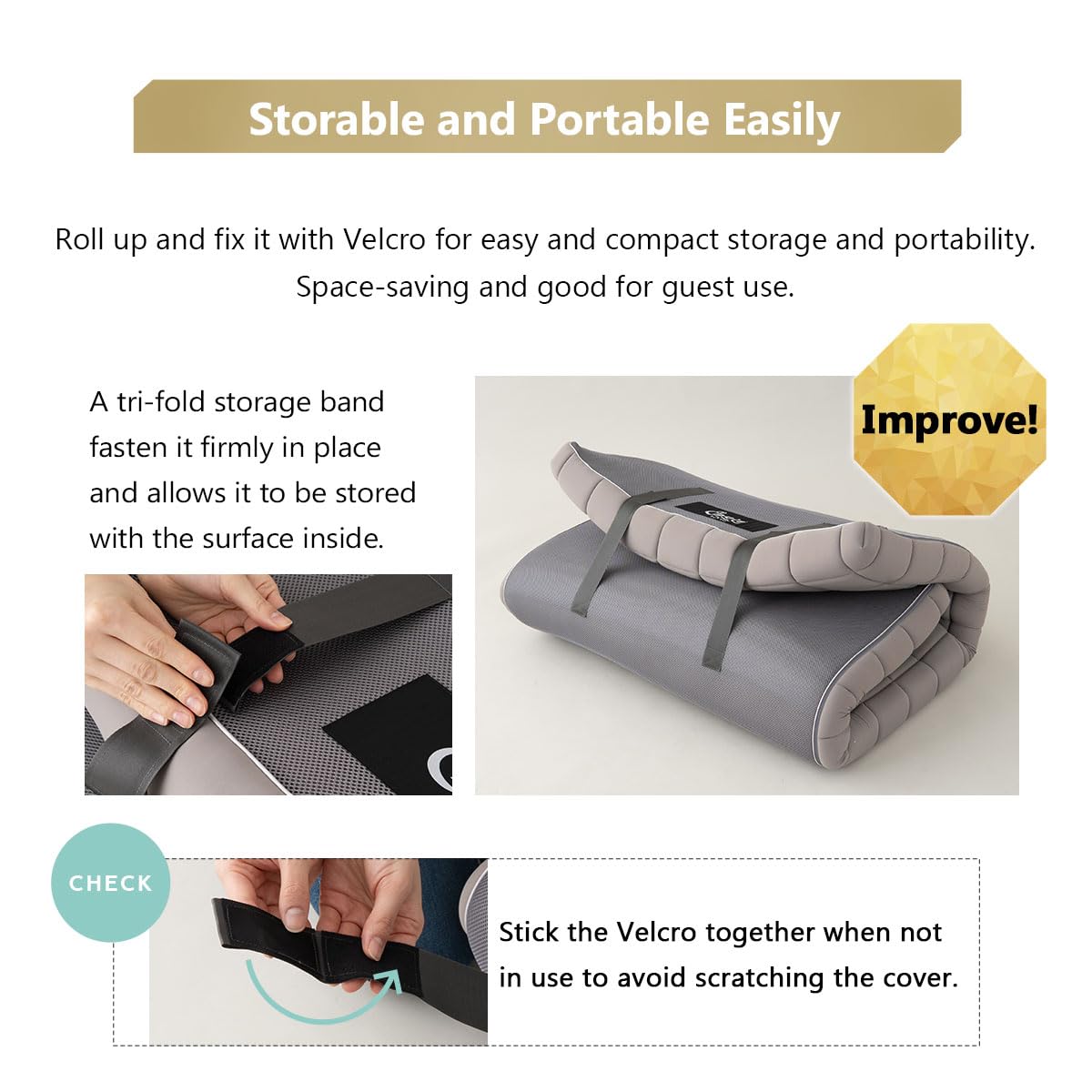 EMOOR Matelas Futon Japonais 3 Couches Urethane Dora 97 x 195 cm Gris, Pliable Compact Portable Couchage au Sol Lit d’invité Tapis Tatami