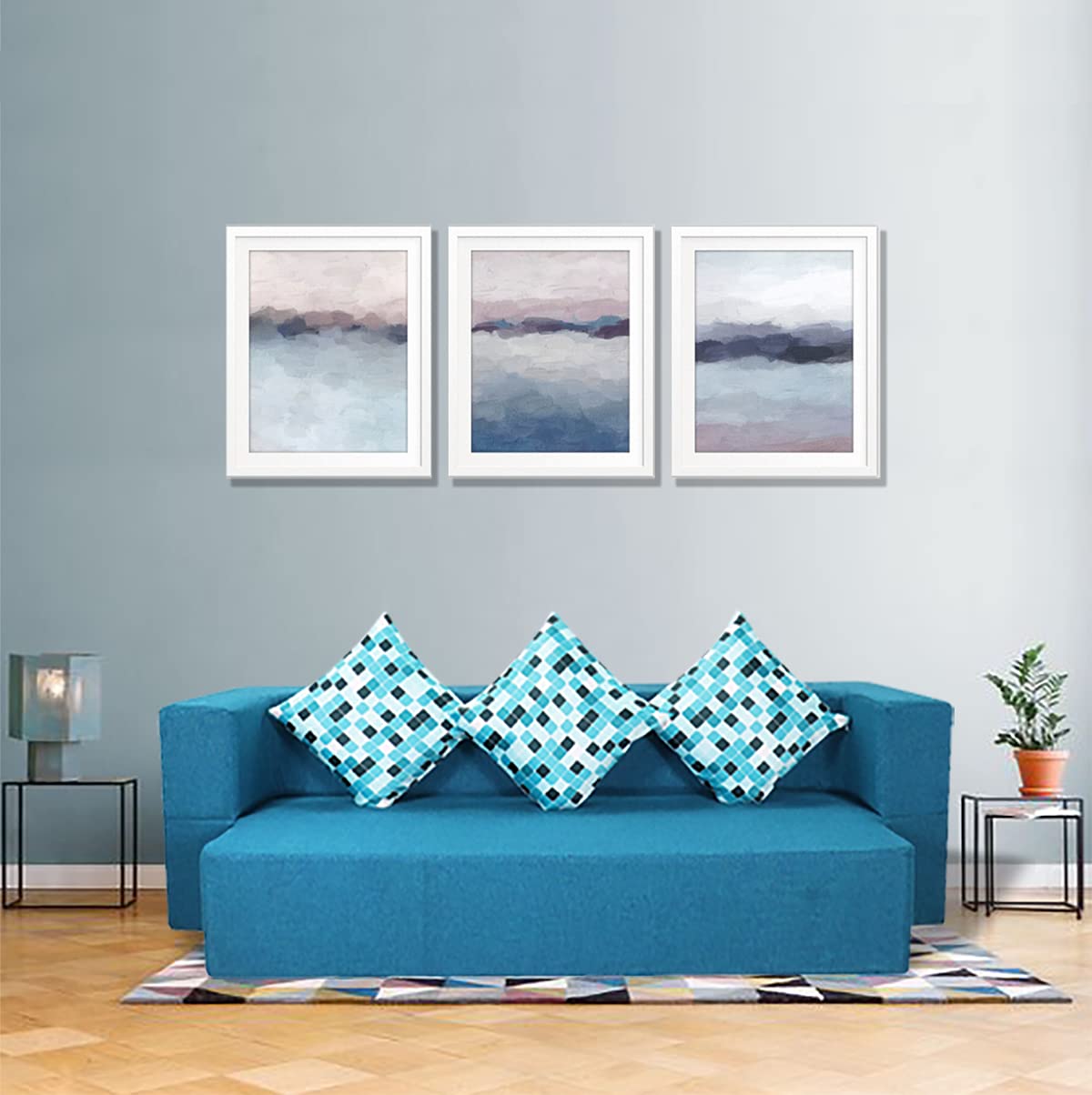 Seventh Heaven 3 Seater 72x44x10, Low Floor Sofa Cum Bed Jute Fabric Fabric with 3 Cushions 3 Seater Double Foam Fold Out Sofa Cum Bed (Finish Color - Blue Delivery Condition - Pre-Assembled)