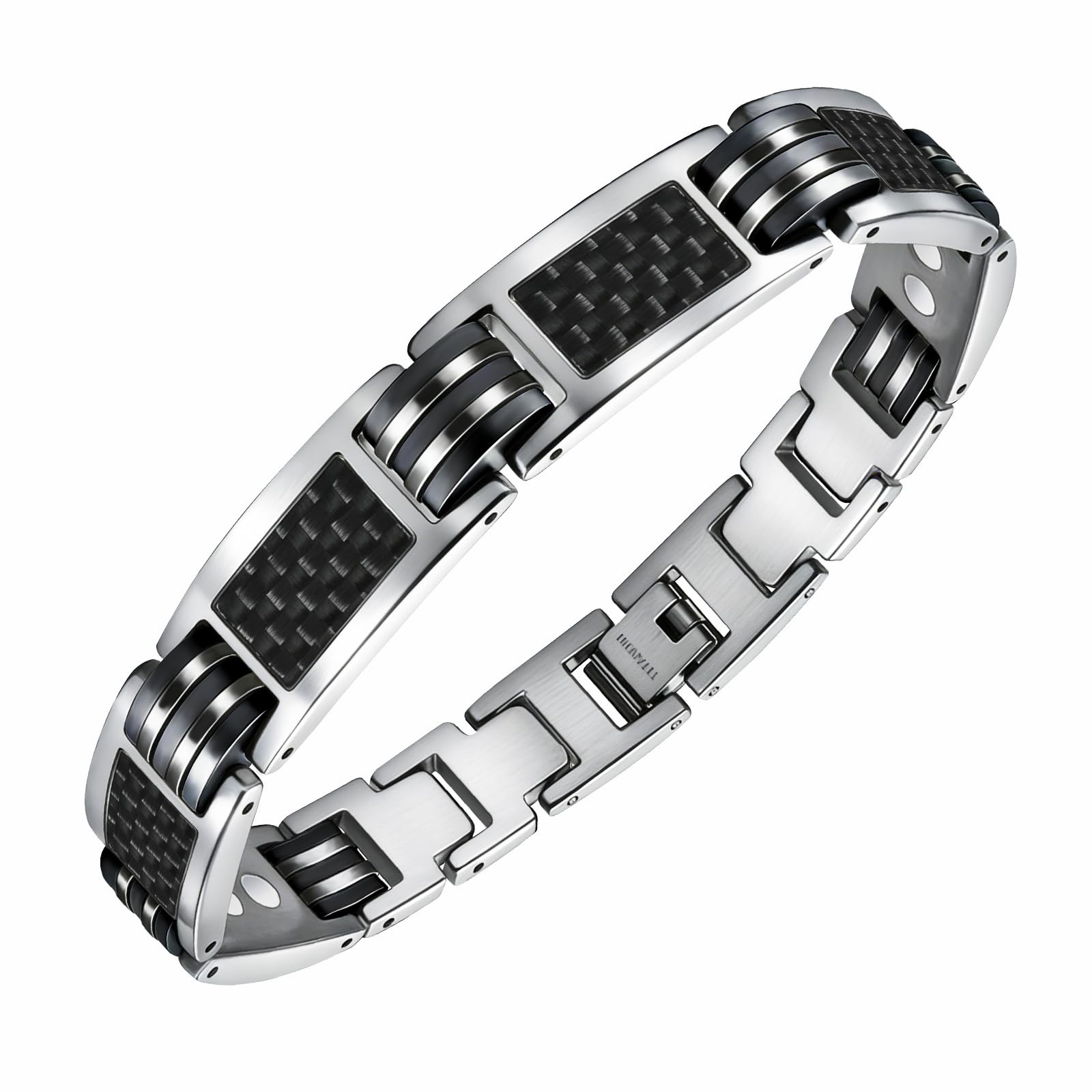 Bracelet magnétique en titane pour homme - Fibre de carbone argentée XL 3500 Gauss - Avec outil de retrait - Étanche