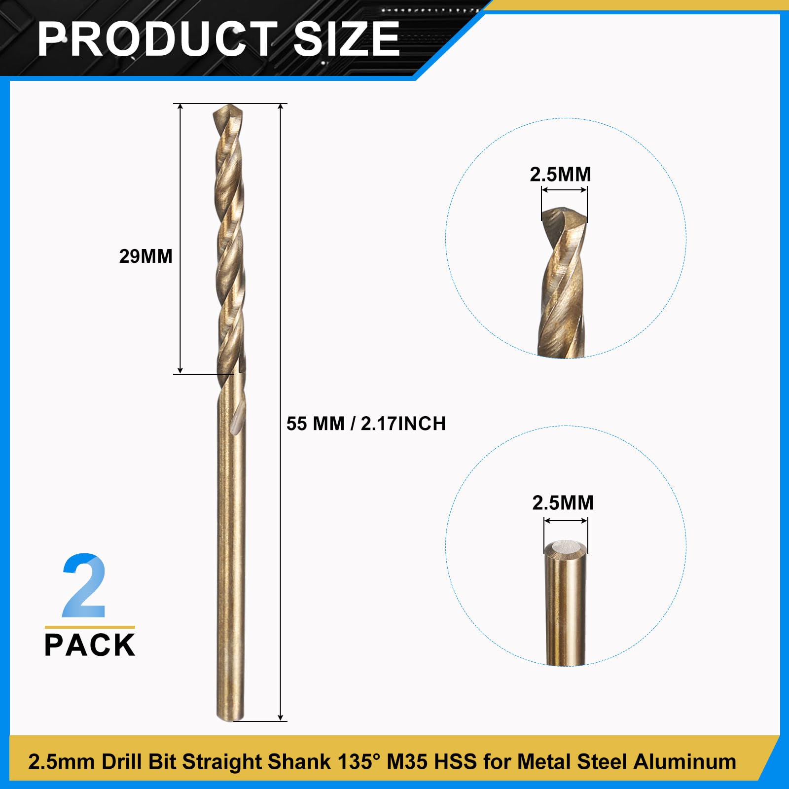 PATIKIL 2.5mm Drill Bit, M35 Cobalt 5% High-Speed Steel Jobber Straight Shank 135° Gold Finish for Stainless Steel Hard Metal - 2 Pack - Image 2