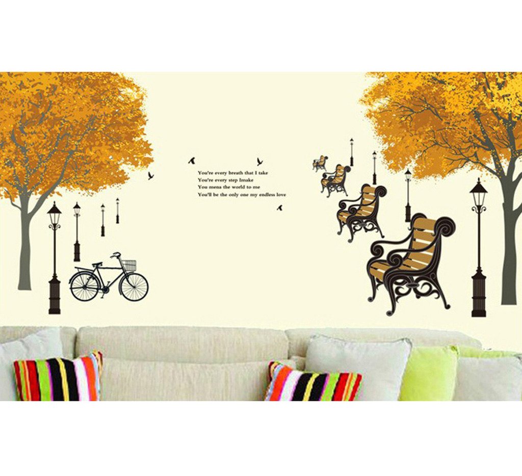 Decals Design 'Trees in Autumn Antique Lamps Benches Bicycle and Love Quote' Wall Sticker (PVC Vinyl, 90 cm x 60 cm, Multicolour)