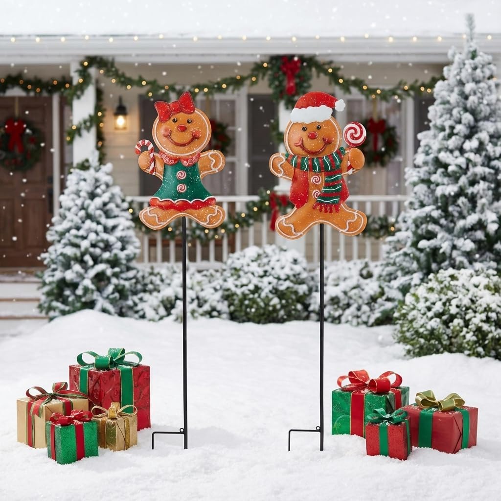 TERESA'S COLLECTIONS Metal Christmas Yard Stakes, Gingerbread Boy & Girl Outdoor Christmas Decorations for Home, 2 Pack Welcome Garden Stakes Sign with Candy, Waterproof Yard Xmas Party Gifts 30"