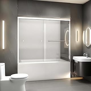Bathtub Shower Door, 56"~60" W Adjustable x 58" H Semi-Frameless Bypass Tub Door with 1/4" (6mm) Tempered Glass, Double Sliding with Brushed Nickel Hardware Kit, Reversible (Chrome)