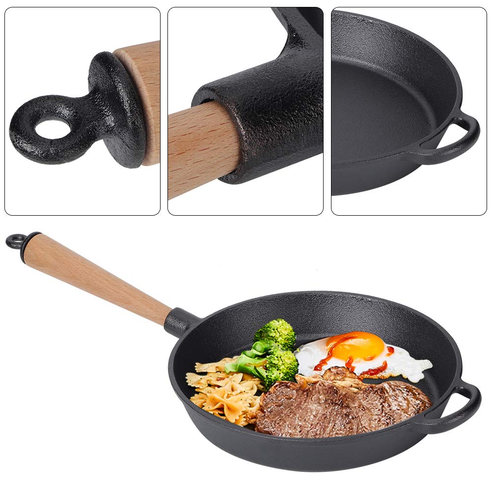 FLEXMAN Skillet Z Żeliwa, Wielofunkcyjna Patelnia do Smażenia Z Żeliwa Z Drewnianym Uchwytem, Patelnia do Gotowania Steków do Pieczenia, Grilla, Pieczenia, Duszenia, Smażenia