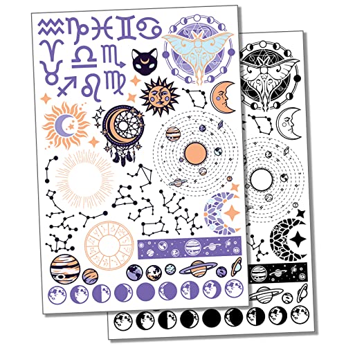 Celestial Horoscope Zodiac Moon Stars Temporary Tattoo Water Resistant Fake Body Art Set Collection - Black (One Sheet)
