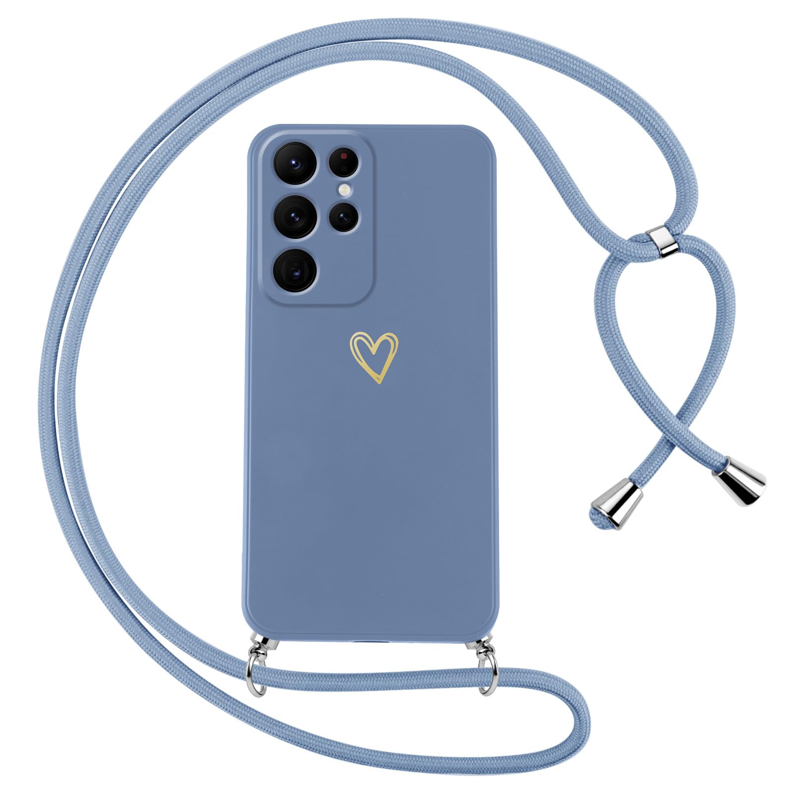 Etui do Samsung Galaxy S22 Ultra 5G ze sznurkiem obrożowym, miękkie etui silikonowe z motywem serca i przenośną smyczą, regulowana, odporna na wstrząsy osłona paska na ramię, niebieska