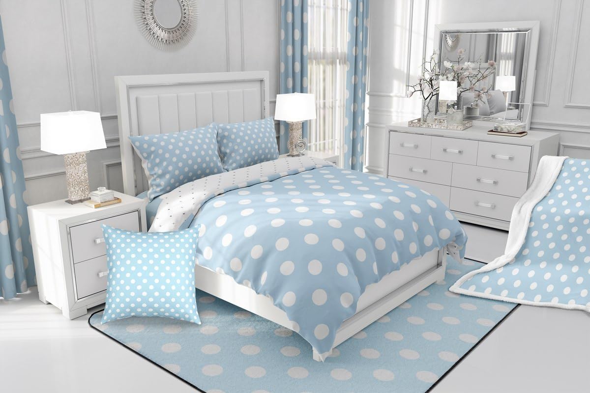 Manfei Polka Dots Kids Comforter Set,French Style Dots Cartoon Blue White Bedding Set All Season,Modern Geometric Circles Abstract Simple Art Comforter 2 Pcs with 1 Pillowcase,Twin Size