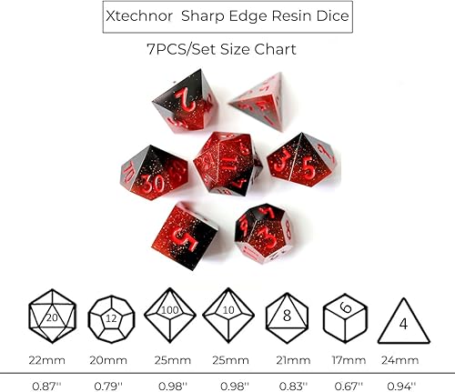 Miniatura 9 de DND - Juego de 7 dados hechos a mano de resina de borde afilado con estuche de regalo para juegos de mesa DND de Calabozos y Dragones (calavera roja)