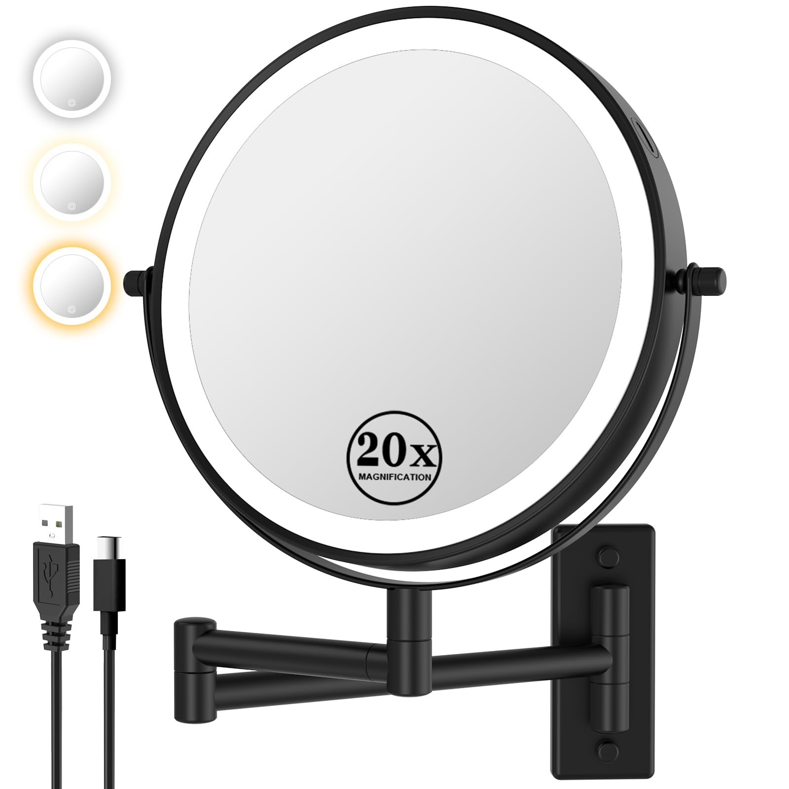 20X/1X Wall Mounted Makeup Mirror with 3 Color Lights, 8'' Double Side Wall-Mount Magnifying Mirror, Dimmable Bathroom Mirror for Wall with Extension Arm, Black
