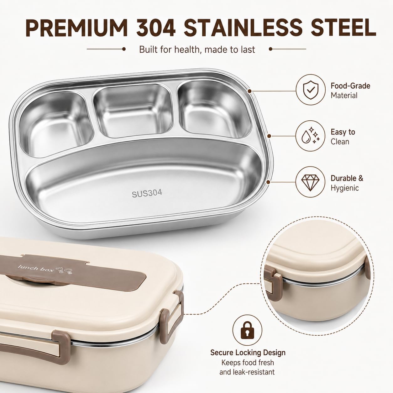 Premium 304 Stainless Steel Bento Box for Adults - 4 Compartment Leakproof Lunch Box Container with Insulated Lunch Bag, Fork and Spoon - Portable Metal Meal Prep Box for Work, Picnic, Beige