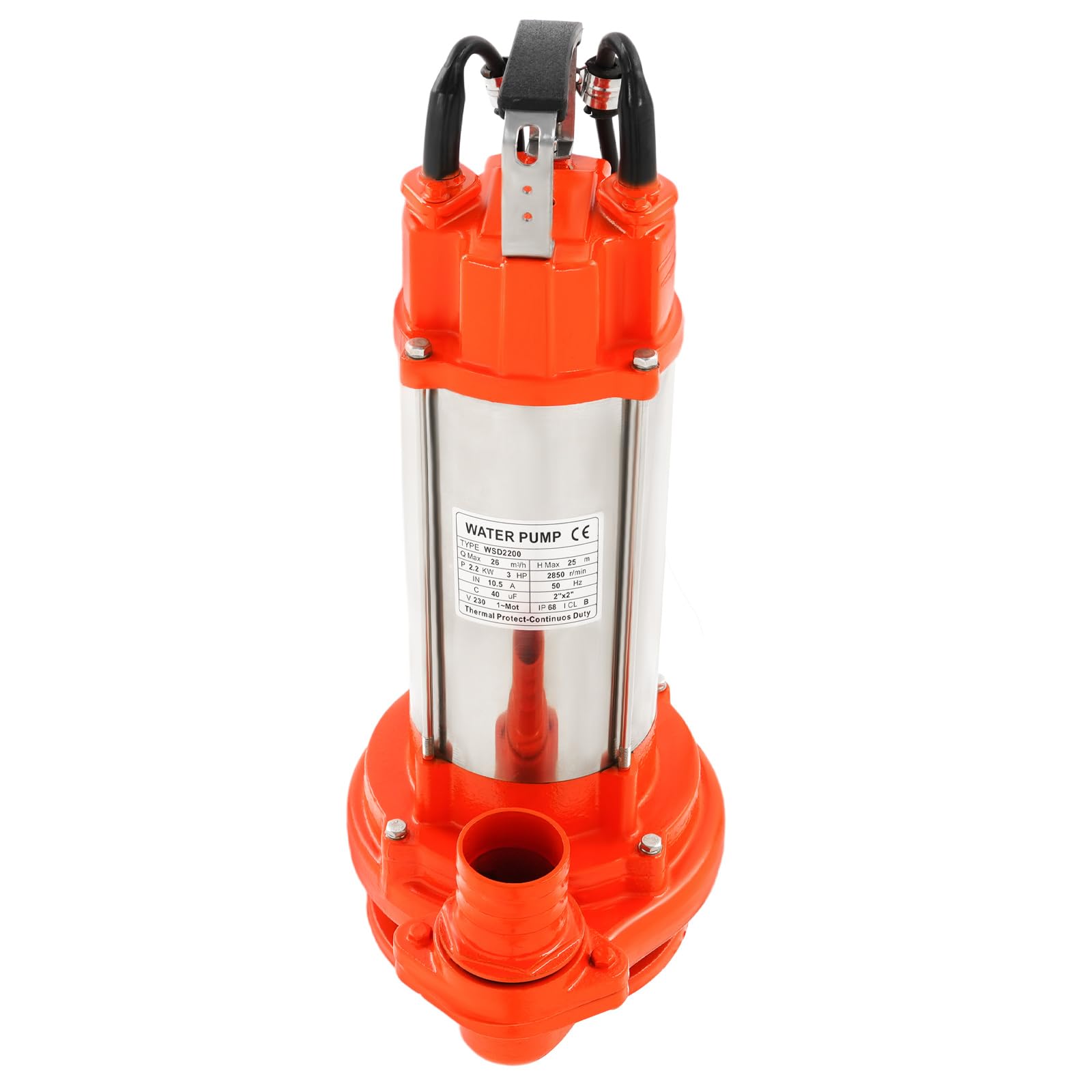 Bomba de agua sucia, 2200 W, 26000 l/h, bomba sumergible con interruptor de flotador, acero inoxidable, altura de impulsión 25 m, bomba fecal con asa, bomba con trituradora (naranja)
