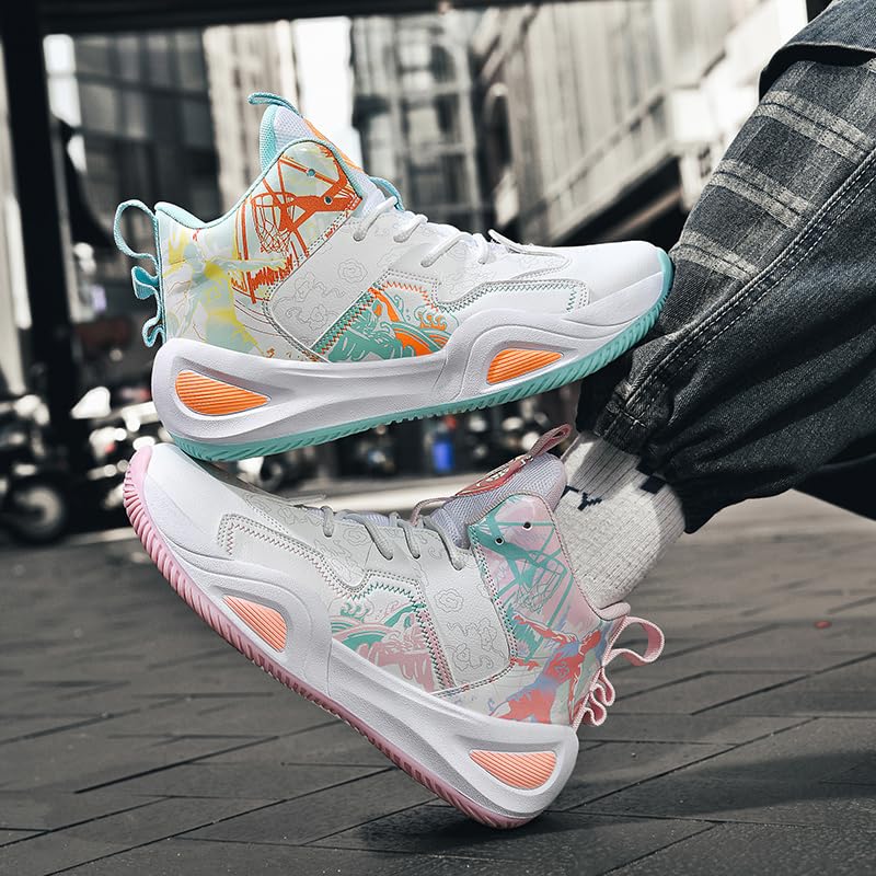 AQURIZE Womens Mens High-Top Basketball Shoes Breathable Lightweight Fashion Graffiti Athletic Sneakers Unisex Non Slip Outdoor Cushioning Training Sport Shoes (White+Pink?39)