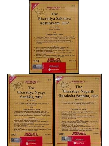 Universal's New Criminal Laws Bareacts Combo 2024 | BNS, BSA, BNSS | August 2024 edition (Set of 3BARE ACT) LexisNexis