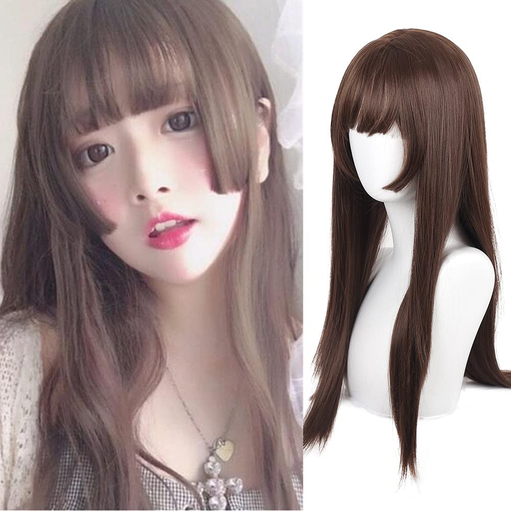 Dai Cloud Long Brown Straight Wig with Bangs with Bangs Natural Synthetic Heat Resistant Fiber Hair Wig for Daily Cosplay Halloween Use