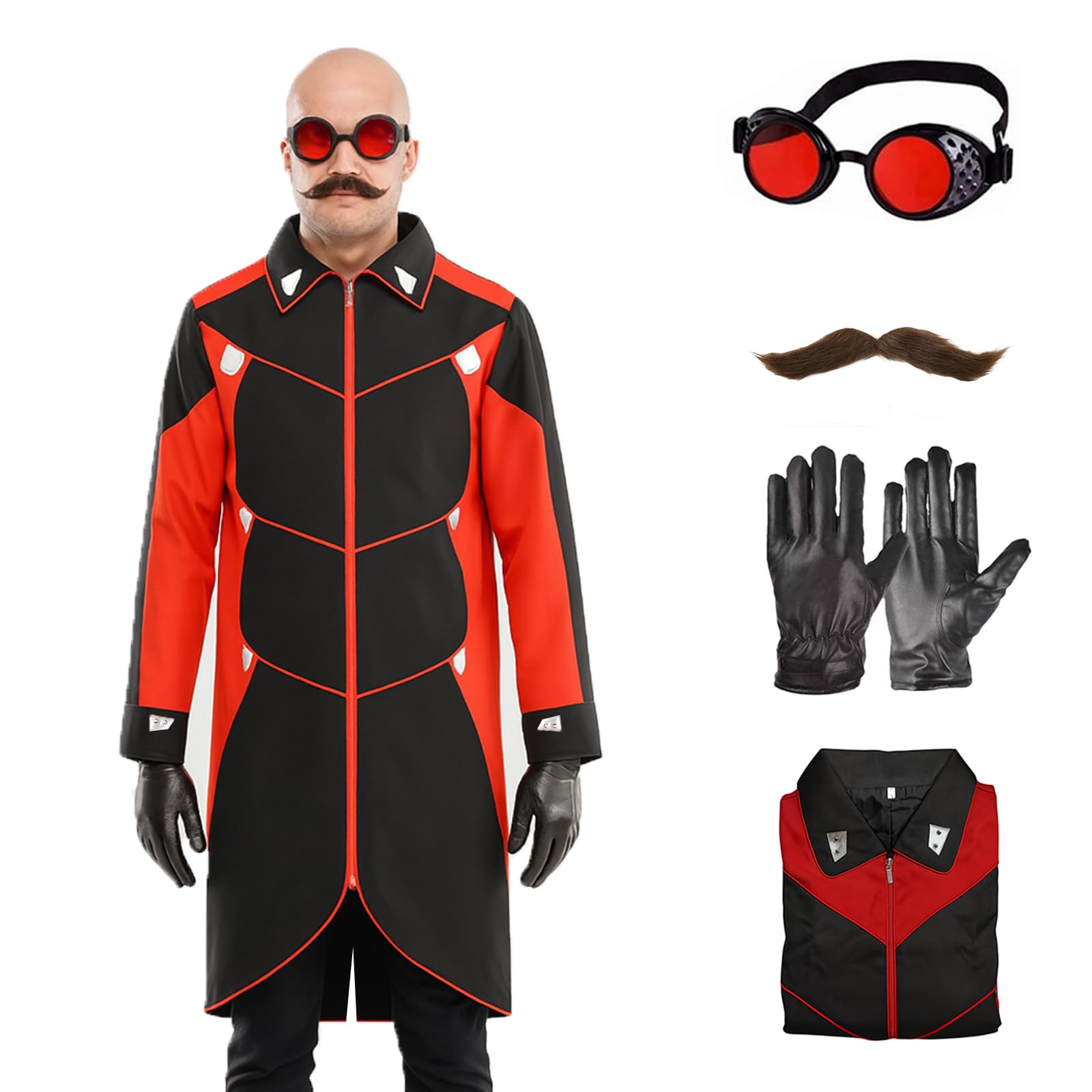Generic Adult Dr Villain Costume Cosplay Black Red Jacket Coat for Men Halloween Party Outfit with Jacket Gloves Glasses and Beard