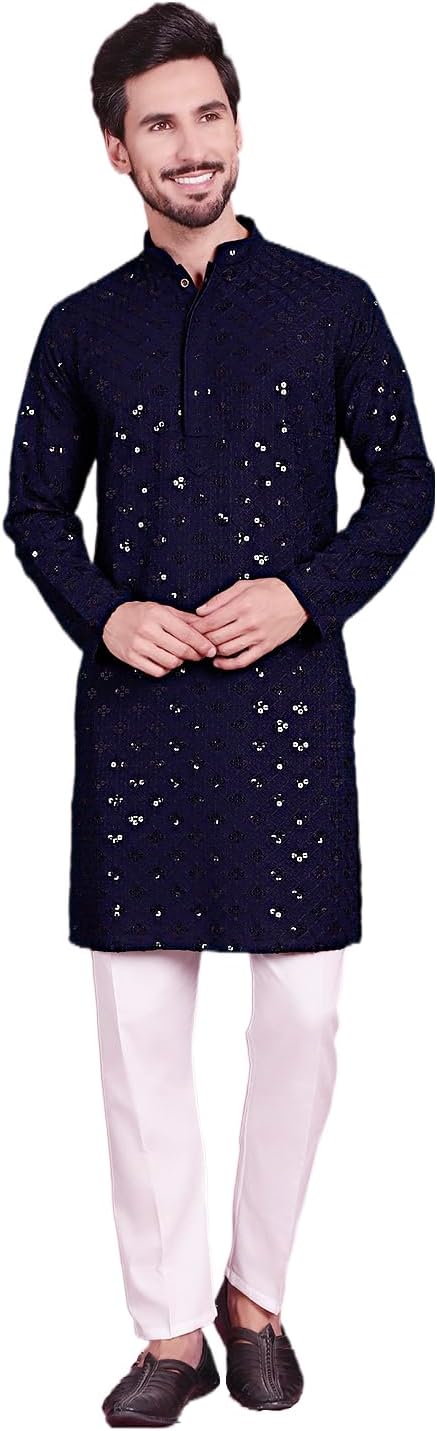 Jompers Chikankari 刺繍とシーケンスクルタ パジャマ付き 男性用