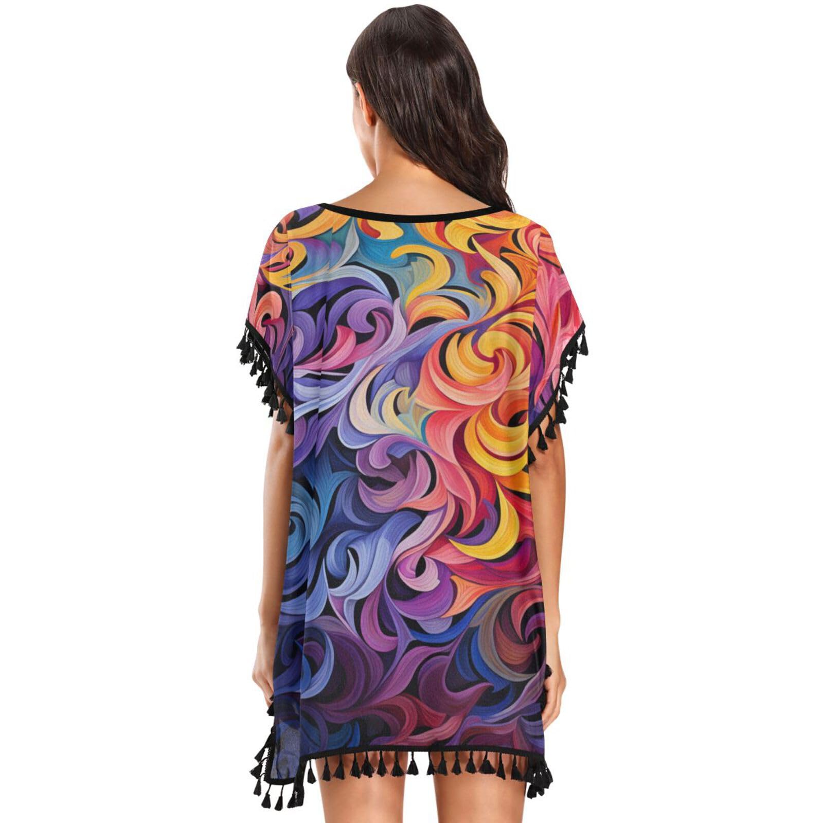 Abstract Wave Art Women's Beach Cover Up Chiffon Tassel Swimwear Swimsuit Coverups for Girl
