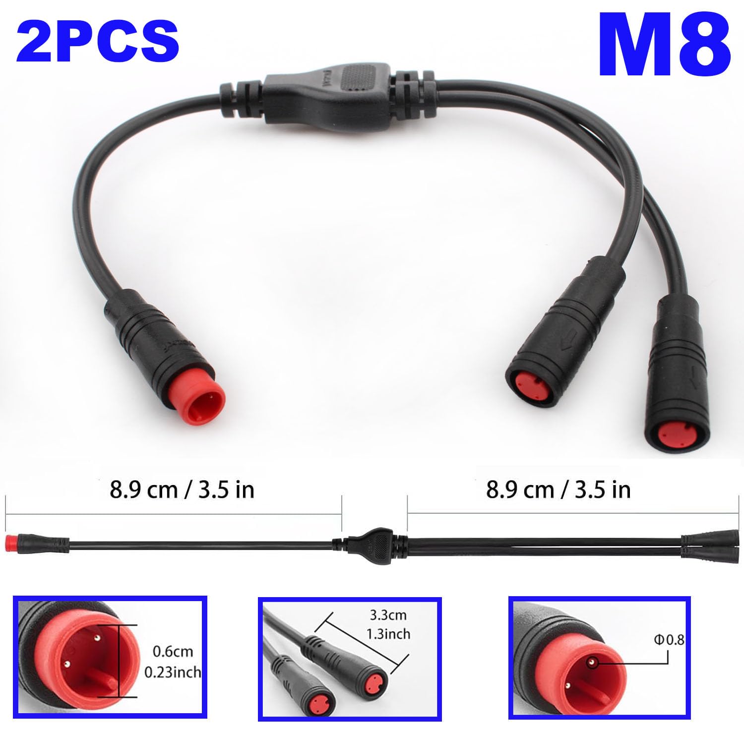 RUNCCI-YUN 2 szt. Rozdzielacz Ebike, 2-pinowe złącze Ebike, kabel żeński i męski 1 do 2 wodoodporne złącze 2-pinowe do ebików, czujnika przekładni i hamulca konwersji