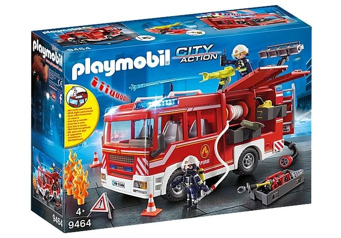 Playmobil City Action Fire Engine with Lights & Sound, Firefighter Toy with Working Water Cannon & Extending Ladder, Includes 2 Figures, Ages 4+