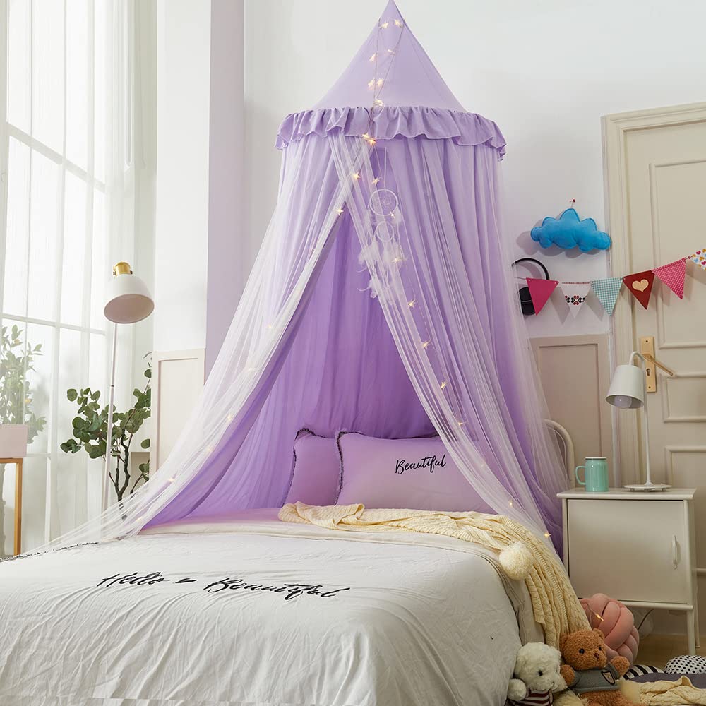 Surwin Dosel de Cama para Niña Niños Bebés Mosquitera Dosel Cama Individual Matrimonio, Redonda Toldo de Cuna de Castillo de Dormitorio Decoración de Habitación (morado blanco)